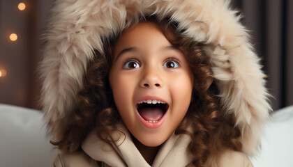 Poster - Cute, smiling child in winter clothing enjoys Christmas celebration generated by AI