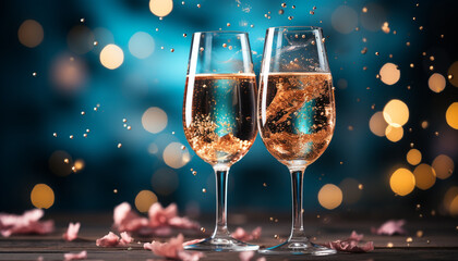 Wall Mural - Celebratory toast, champagne, wine, party, night, luxury, glowing, wedding generated by AI