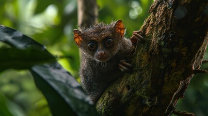 Poster - a close up of a small animal on a tree branch with leaves in the background and a blurry background.