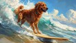 Golden breed dog, on a surfboard, on a wave, on the beach generative ai