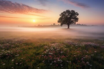 AI generated illustration of a foggy field at sunset with lone tree in the middle