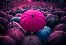 Pink Umbrella Sticking Out Of The Crowd, Women Power Concept Representation. Generative AI
