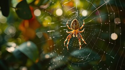 Wall Mural - a close up of a spider on it's web in the middle of a leafy area with trees in the background.