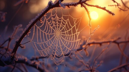 Wall Mural - a close up of a spider web on a tree branch with the sun setting in the distance in the background.