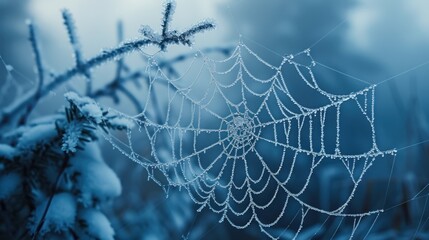 Wall Mural - a close up of a spider web on a tree branch with water droplets on the spiderwefe's web.