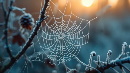 Wall Mural - a close up of a spider web on a tree branch in the winter with the sun shining in the background.