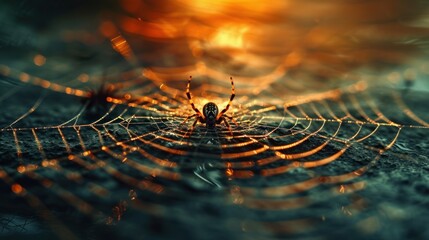 Wall Mural - a close up of a spider's web in the middle of the night with the sun in the background.