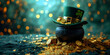 The Saint Patrick's day black cauldron with golden coins, hat and shamrocks on green background. St. Patrick's Day banner concept with copy space.