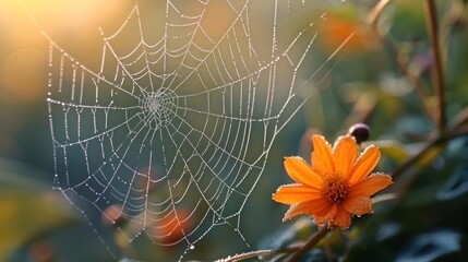 Wall Mural - a close up of a spider's web with a flower in the foreground and a blurry background.