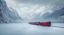 A Long Red Train Traveling Through A Snow Covered Mountain Side Next To A Tall Snow Covered Mountain Covered In Snow.