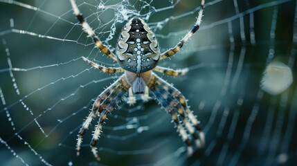 Wall Mural - a close up of a spider's web with drops of water on it's back and a blurry background.