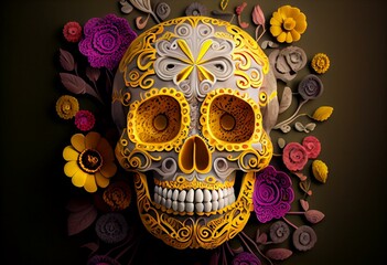 Wall Mural - Hispanic heritage sugar skull marigold  Festive dia de los muertos background 3d render digital illustration. Generative AI