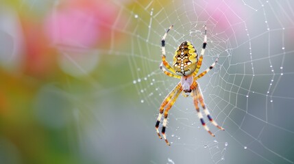 Wall Mural - a close up of a yellow and black spider with water droplets on it's back and a pink flower in the ba