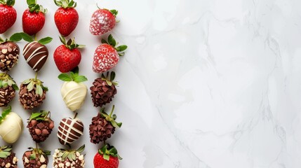 Assorted chocolate dipped strawberries array, homemade sweets great for Valentine's and Christmas gift, copy space