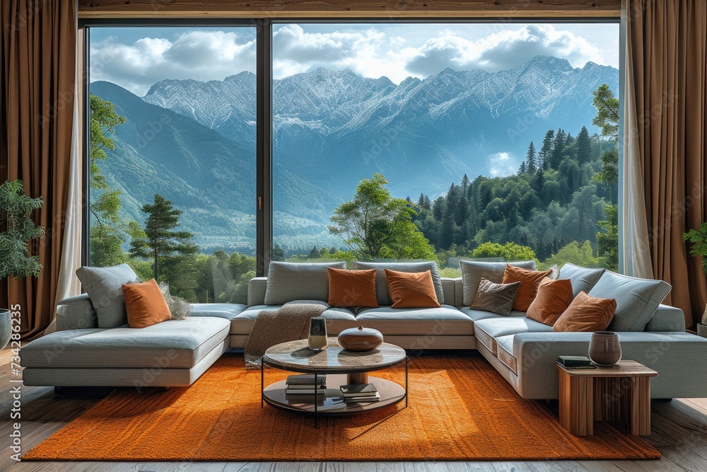 Cozy living room with a panoramic window overlooking the spring ...