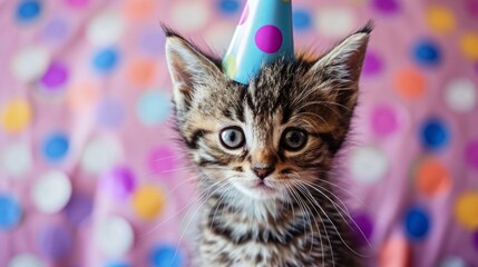 Wall Mural - Kitten with birthday hat, generative ai