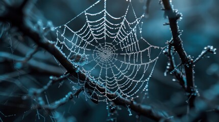 Wall Mural - a close up of a spider web on a tree branch with drops of water on the spider's web.