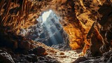 Fototapeta Natura - a large cave with a light coming through it