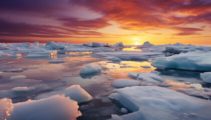 Wall Mural - Majestic mountain range reflects tranquil sunset on frozen water generated by AI