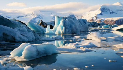 Canvas Print - Majestic mountain peak reflects in tranquil glacier lagoon, frozen beauty generated by AI