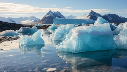 Poster - Majestic mountain peak reflects in tranquil arctic glacier lagoon generated by AI