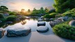 Path of circular stepping stones across a calm pond in a lush, serene zen garden at sunrise. Resplendent.