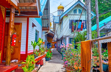 Sticker - The narrow street in Ko Panyi floating Muslim village, Phang Nga Bay, Thailand