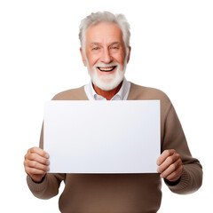 An elderly person smiles while holding a piece of blank paper reserved for a message. no background. .PNG 