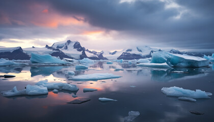 Poster - Majestic mountain range reflects tranquil blue water, frozen in time generated by AI