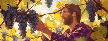 A Painting Depicting A Male Farmer Harvesting Grapes From A Tree.