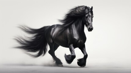Wall Mural - a black and white photo of a horse with a long mane running through the air with its front legs in the air.
