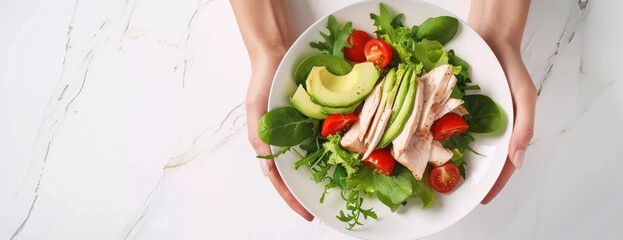 Wall Mural - A persons hands gently hold a plate with a fresh and colorful salad featuring tomatoes.