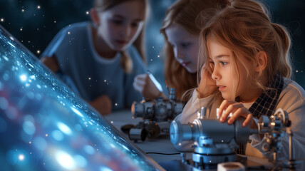 Wall Mural - young minds immersed in cosmic journey. planetarium show, astronomy education, wonder