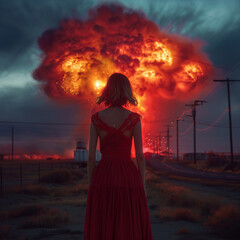 Poster - Woman stands in front of a nuclear explosion. Atomic bomb