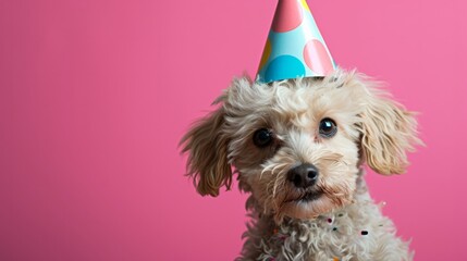 Wall Mural - Puppy with birthday hat, pink background, generative ai