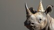 Rhino calf with birthday hat, gray background, generative ai