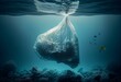 Illustration of a plastic bag swimming under the sea. (Generative AI)
