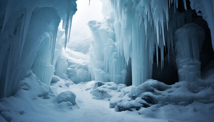 Wall Mural - Majestic winter landscape frozen mountains, blue ice, tranquil cave generated by AI