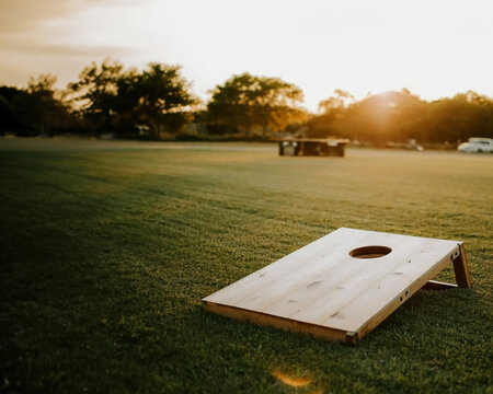 cornhole game in a field