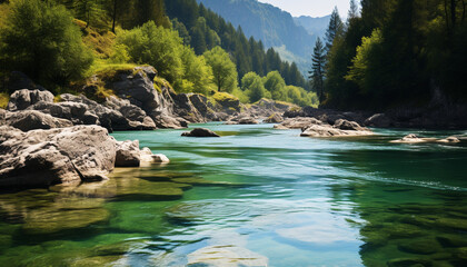 Canvas Print - Majestic mountain peak reflects in tranquil, flowing water generated by AI