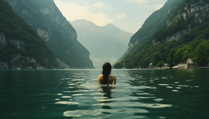 Canvas Print - One woman standing, looking at tranquil mountain reflection generated by AI