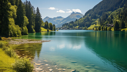 Wall Mural - Majestic mountain peak reflects in tranquil blue pond, breathtaking scenery generated by AI