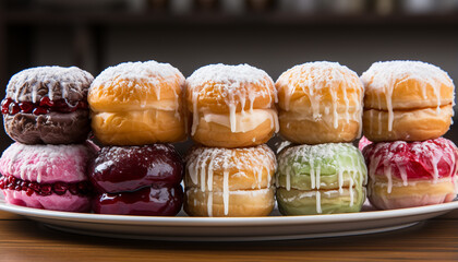 Wall Mural - Freshly baked donuts on a colorful plate, tempting indulgence generated by AI