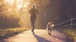 Generative AI : Woman running with dog to workout during morning walk
