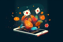 Illustration of casino cards for various games in a mobile online casino. Generative AI