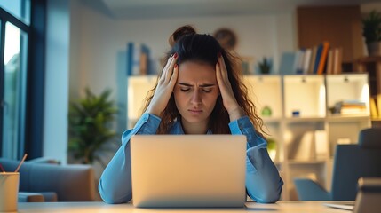 Generative AI : Young frustrated woman working at office desk in front of laptop suffering from chronic daily headaches