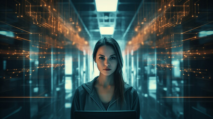 Wall Mural - a focused woman interacts with a laptop amidst the glowing racks of a futuristic server room, showca