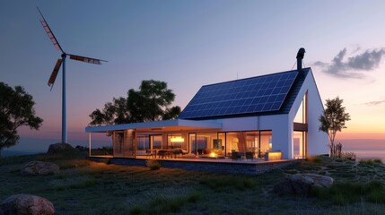 Eco-friendly modern house with solar panels and wind energy at sunset