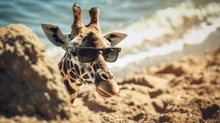 Wall Mural - giraffe with sunglasses, sitting on a beach, generative ai