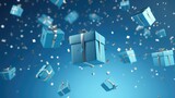 Fototapeta Kosmos - gift, confetti flying and falling. festive, christmas texture, blue background. birthday card. place for text.